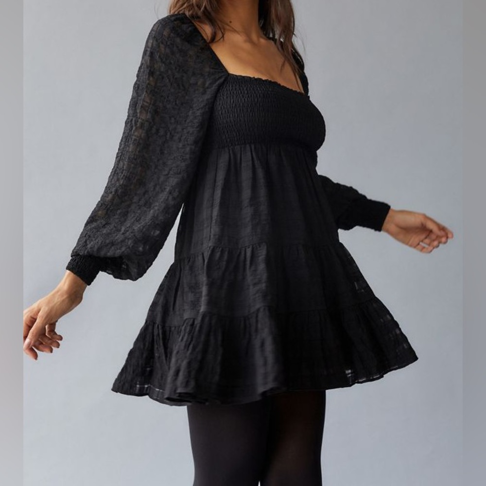 Urban Outfitters UO River Smocked Long Sleeve Mini Dress Black